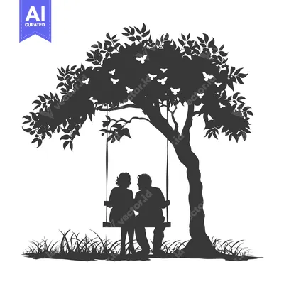 Premium design asset: Silhouette of a Couple Sitting on a Swing Under a Tree with Butterflie