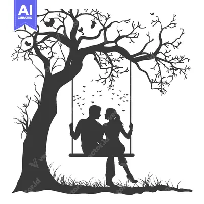 Popular premium asset: Silhouette of a Couple Sitting on a Swing Under a Tree with Butterflie