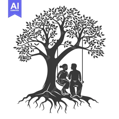 Aset premium populer: Silhouette of a Couple Sitting on a Swing Under a Tree with Roots