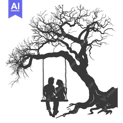Premium design asset: Silhouette of a Couple Sitting on a Swing Underneath a Bare Tree