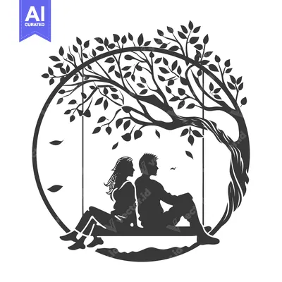 Aset premium populer: Silhouette of a Couple Sitting on a Swing Underneath a Tree