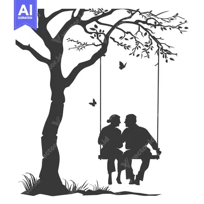 Aset premium populer: Silhouette of a Couple Sitting on a Swing Underneath a Tree