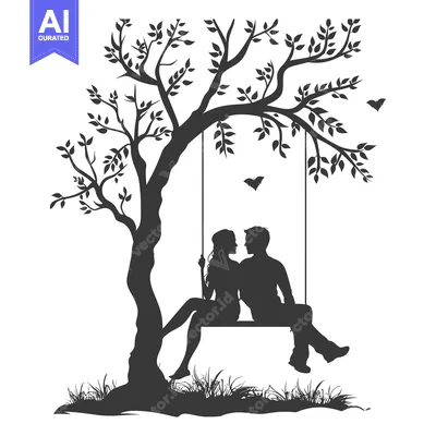 Silhouette of a Couple Sitting on a Swing Underneath a Tree