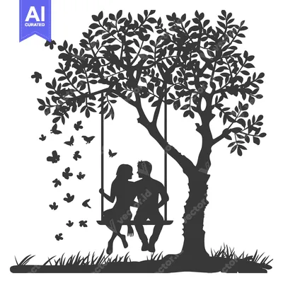 Silhouette of a Couple Sitting on a Swing Underneath a Tree