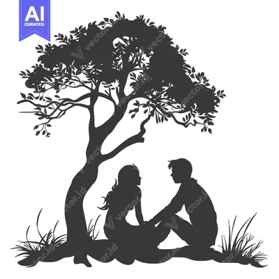 Aset desain premium: Silhouette of a Couple Sitting Under a Tree