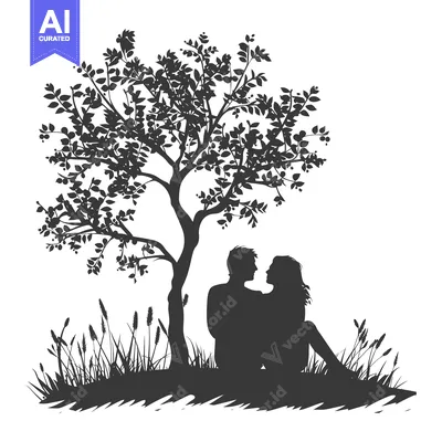 Aset desain premium: Silhouette of a Couple Sitting Under a Tree