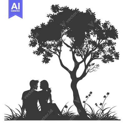 Silhouette of a Couple Sitting Under a Tree in a Grassy Field