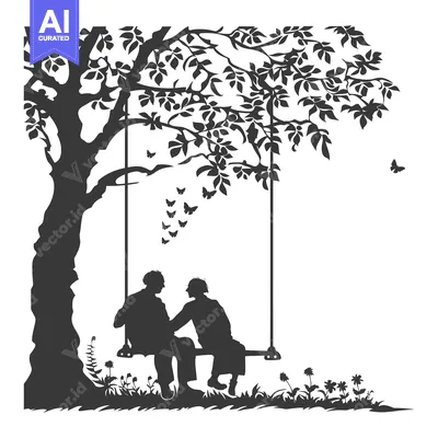 Silhouette of a couple sitting under a tree with butterflies