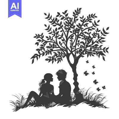 Aset desain premium: Silhouette of a Couple Sitting Under a Tree with Butterflies
