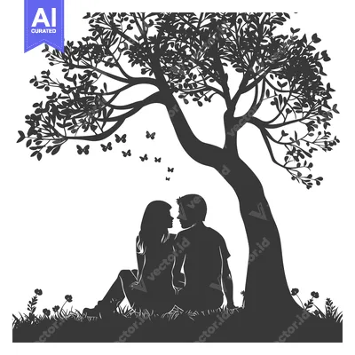 Silhouette of a Couple Sitting Under a Tree with Butterflies