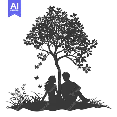 Silhouette of a Couple Sitting Under a Tree with Butterflies