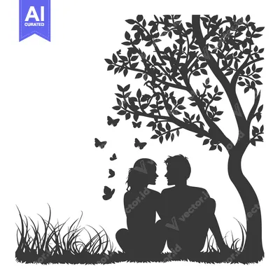 Aset desain premium: Silhouette of a Couple Sitting Under a Tree with Butterflies
