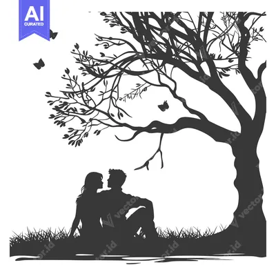 Aset premium populer: Silhouette of a couple sitting under a tree with butterflies