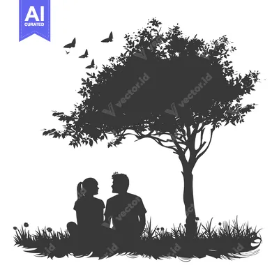 Popular premium asset: Silhouette of a Couple Sitting Under a Tree with Butterflies Flying Ab