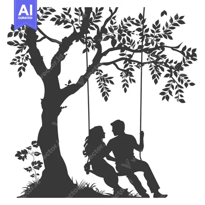 Silhouette of a Couple Swinging on a Tree Branch