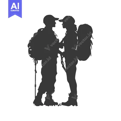 Aset desain premium: Silhouette of a Couple with Backpacks Facing Each Other