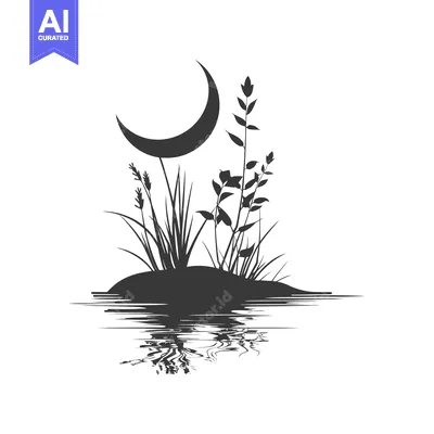 Silhouette of a Crescent Moon and Grass on a Small Island with Reflect