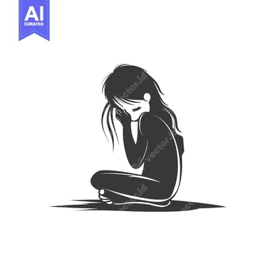 Silhouette of a Crying Girl Sitting on the Ground