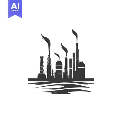 Premium design asset: Silhouette of a Factory Complex with Smoke Stacks and Water