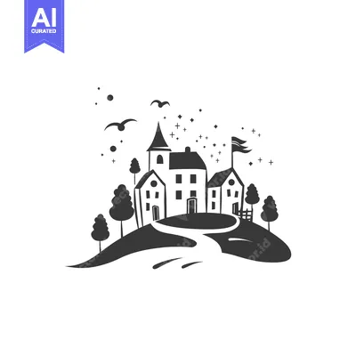 Aset desain premium: Silhouette of a fairytale village with a winding path and starry sky