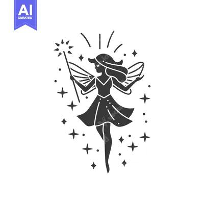 Aset desain premium: Silhouette of a Fairy with Wings, Holding a Wand and Surrounded by Sta