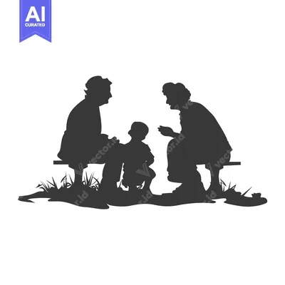 Popular premium asset: Silhouette of a family of three on a bench