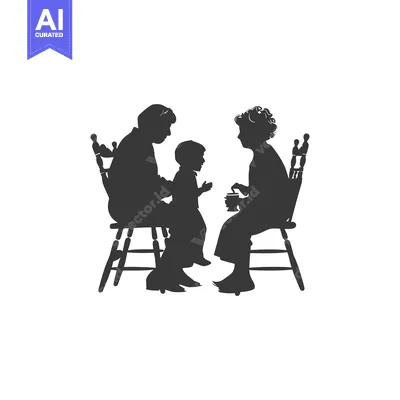 Aset desain premium: Silhouette of a family of three sitting on chairs