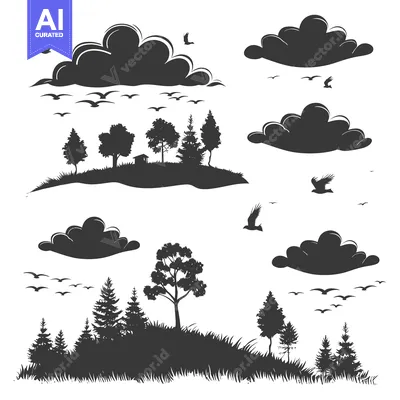 Silhouette of a Forest Landscape with Birds and Clouds