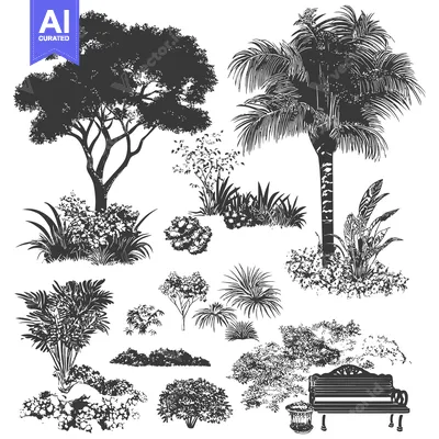 Popular premium asset: Silhouette of a Garden with a Bench and Various Trees and Bushes