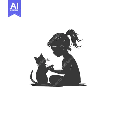 Silhouette of a Girl and a Cat Sitting Together