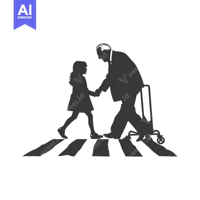 Aset desain premium: Silhouette of a girl and an older man holding hands while crossing a c