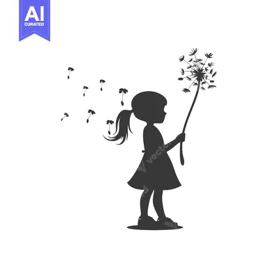 Aset desain premium: Silhouette of a Girl Blowing on a Dandelion