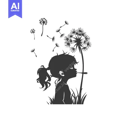 Aset desain premium: Silhouette of a Girl Blowing on a Dandelion