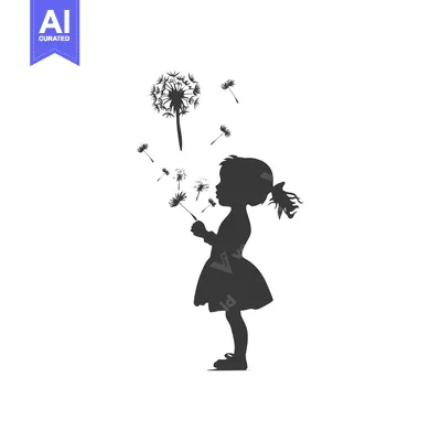 Aset premium populer: Silhouette of a Girl Blowing on a Dandelion with Seeds Flying Away
