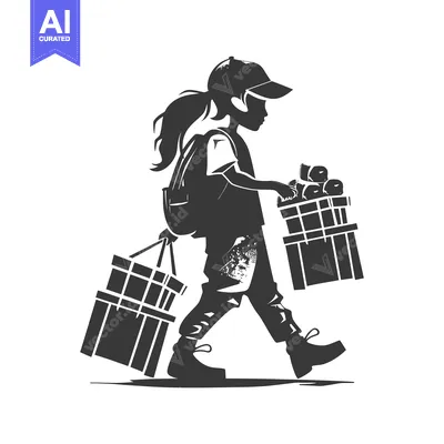 Aset desain premium: Silhouette of a girl carrying two wooden crates of fruit