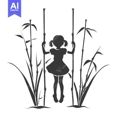 Aset desain premium: Silhouette of a Girl Hanging from Bamboo Stalks