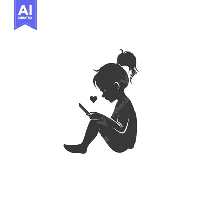 Aset desain premium: Silhouette of a girl sitting and looking at her phone