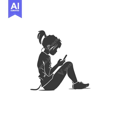 Aset desain premium: Silhouette of a girl sitting and looking at her phone