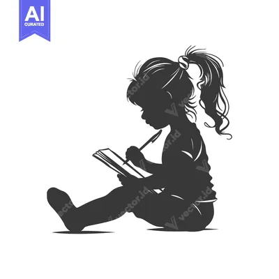Aset desain premium: Silhouette of a Girl Sitting and Writing in a Notebook