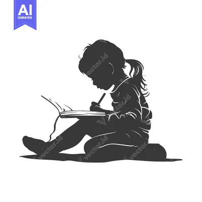 Aset desain premium: Silhouette of a girl sitting and writing in a notebook