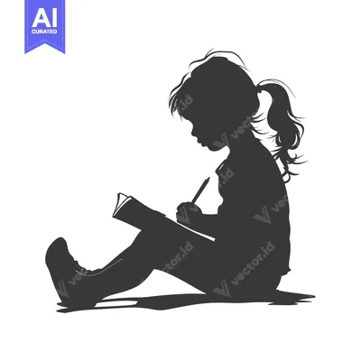 Aset desain premium: Silhouette of a Girl Sitting and Writing in a Notebook