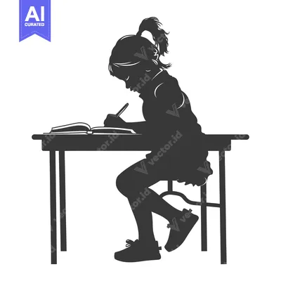 Aset desain premium: Silhouette of a girl sitting at a desk writing in a book