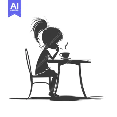 Silhouette of a Girl Sitting at a Table Drinking from a Cup