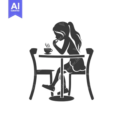 Aset premium populer: Silhouette of a girl sitting at a table with a cup of coffee