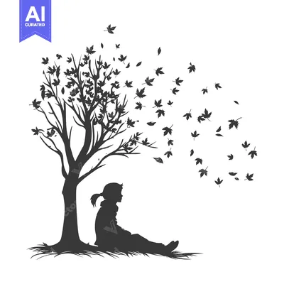 Silhouette of a Girl Sitting Beneath a Tree with Falling Leaves