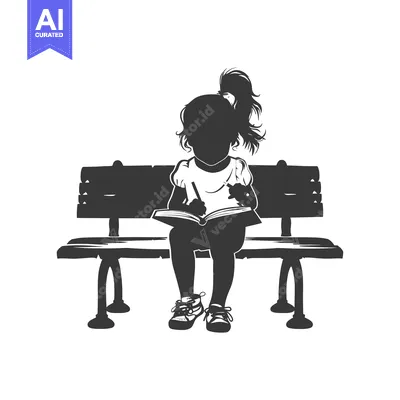 Aset desain premium: Silhouette of a Girl Sitting on a Bench and Reading a Book