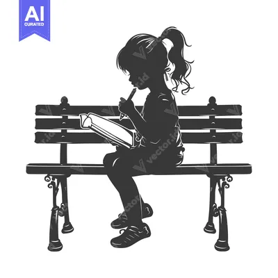 Aset desain premium: Silhouette of a Girl Sitting on a Bench Drawing in a Notebook