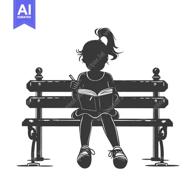 Aset desain premium: Silhouette of a Girl Sitting on a Bench Reading a Book