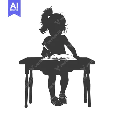 Silhouette of a Girl Studying at a Desk with a Book and Pencil