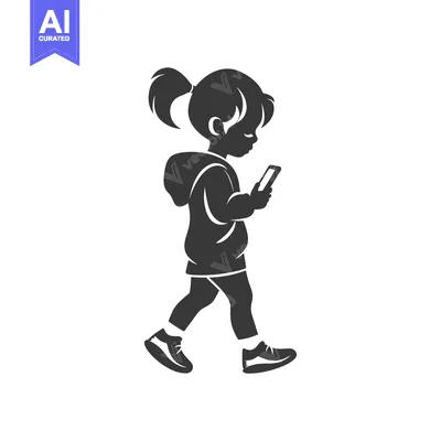 Aset desain premium: Silhouette of a Girl Walking and Looking at a Smartphone